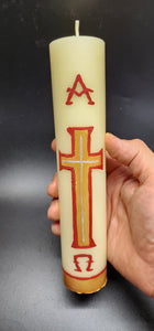 Pure 100% Beeswax Devotional Paschal Candle with Red and Gold Colors. Alpha Omega Cross Candle, 9" H x 2" W, Hand-Painted Off White.