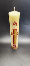 Pure 100% Beeswax Devotional Paschal Candle with Red and Gold Colors. Alpha Omega Cross Candle, 9" H x 2" W, Hand-Painted Off White.
