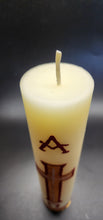 Pure 100% Beeswax Devotional Paschal Candle with Red and Gold Colors. Alpha Omega Cross Candle, 9" H x 2" W, Hand-Painted Off White.