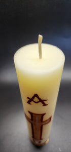 Pure 100% Beeswax Devotional Paschal Candle with Red and Gold Colors. Alpha Omega Cross Candle, 9" H x 2" W, Hand-Painted Off White.
