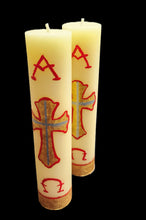 Pure 100% Beeswax Devotional Paschal Candle with Red and Gold Colors. Alpha Omega Cross Candle, 9" H x 2" W, Hand-Painted Off White.