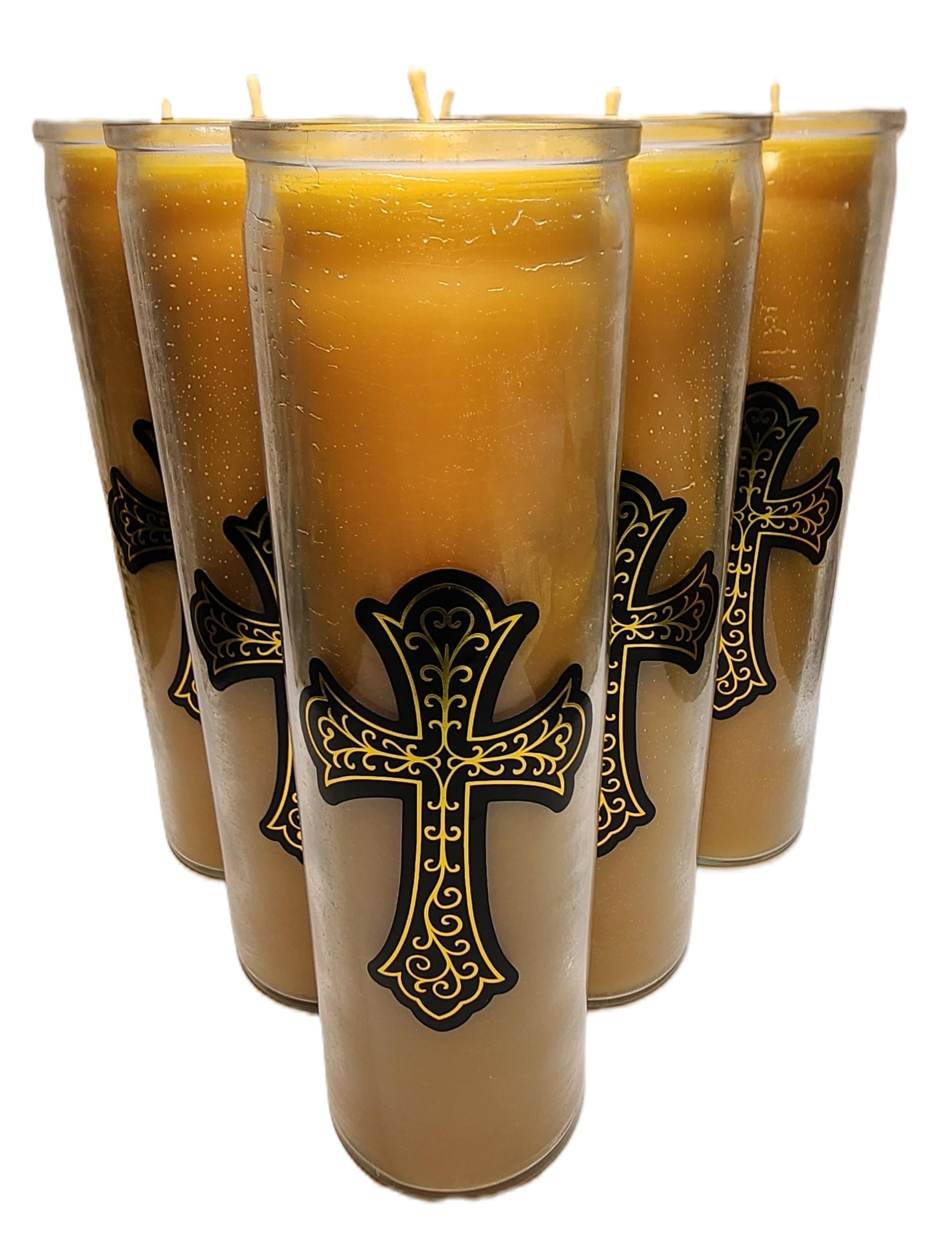 Pure Beeswax Devotional candle with Cross 8" Glass 100 hours burn time made in USA