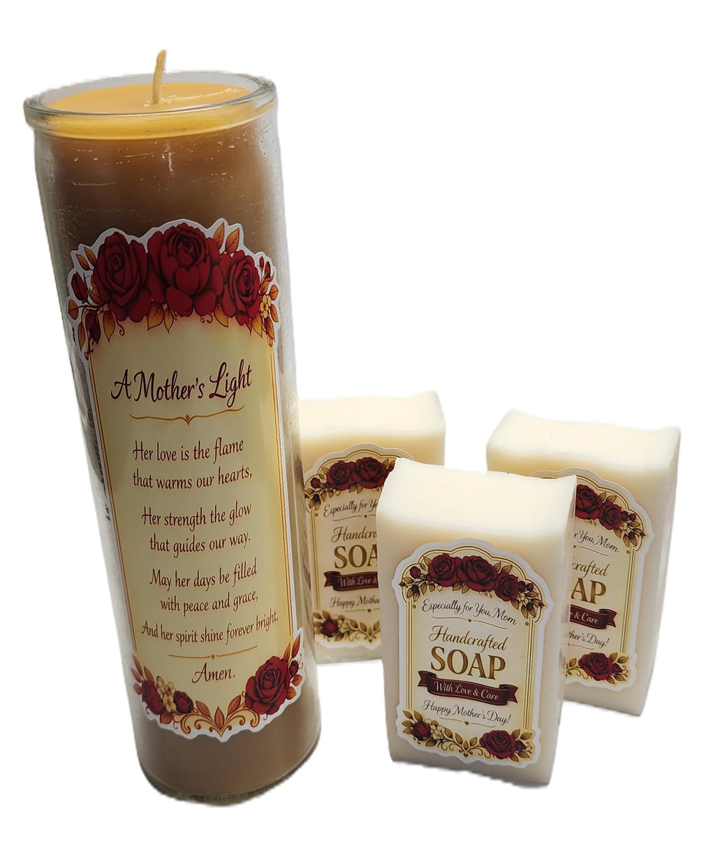 Gift for Mom or your loved one, customize your message. Beeswax candle with prayer and Artesian Lavender soaps.