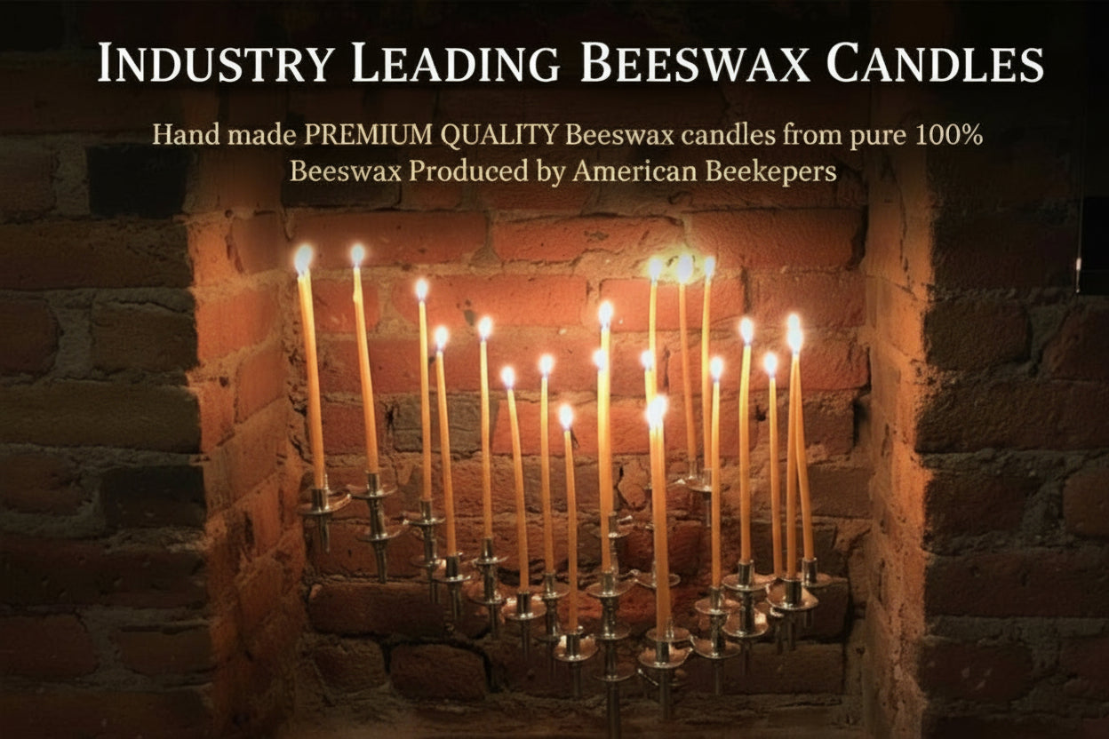 Candle holder with multiple candles in front of a brick fireplace