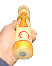 Pure 100% Beeswax Devotional Paschal Candle with Red and Gold Colors. Alpha Omega Cross Candle, 9" H x 2" W, Hand-Painted Off White.