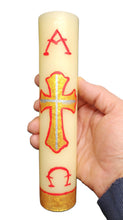 Pure 100% Beeswax Devotional Paschal Candle with Red and Gold Colors. Alpha Omega Cross Candle, 9" H x 2" W, Hand-Painted Off White.