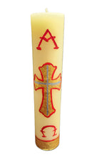 Pure 100% Beeswax Devotional Paschal Candle with Red and Gold Colors. Alpha Omega Cross Candle, 9" H x 2" W, Hand-Painted Off White.