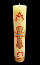 Pure 100% Beeswax Devotional Paschal Candle with Red and Gold Colors. Alpha Omega Cross Candle, 9" H x 2" W, Hand-Painted Off White.